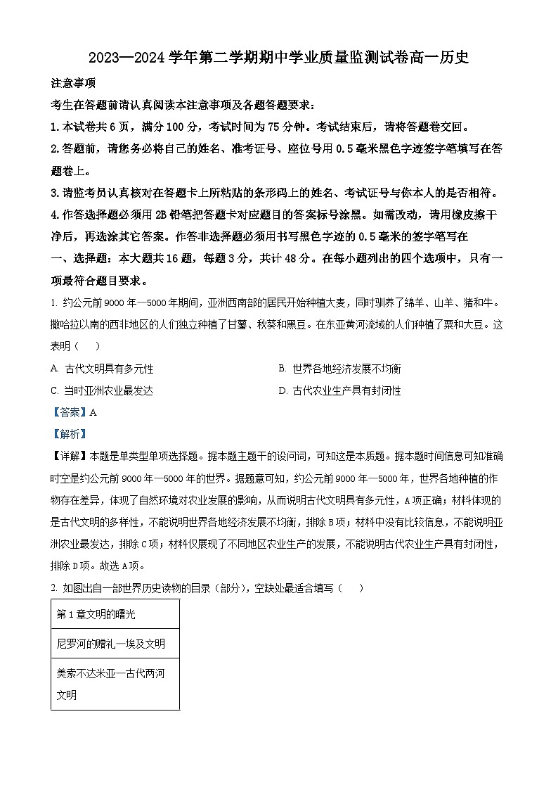 江苏省连云港市赣榆区2023-2024学年高一下学期期中考试历史试题（原卷版+解析版）01
