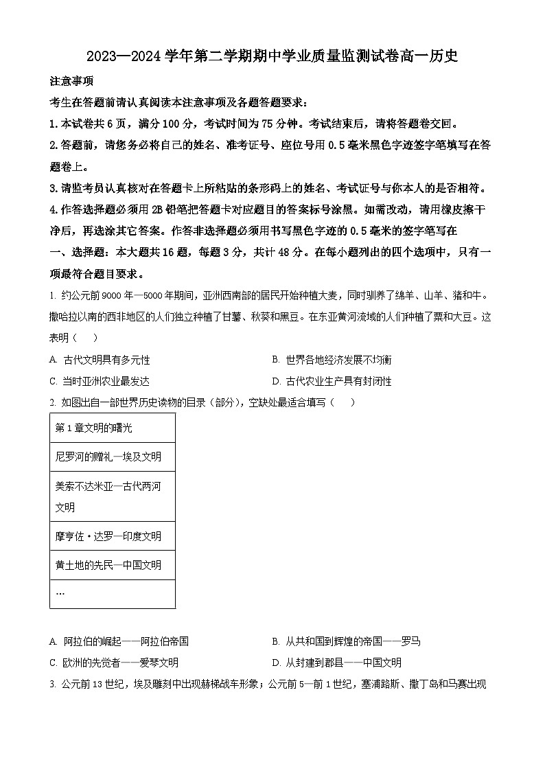 江苏省连云港市赣榆区2023-2024学年高一下学期期中考试历史试题（原卷版+解析版）01