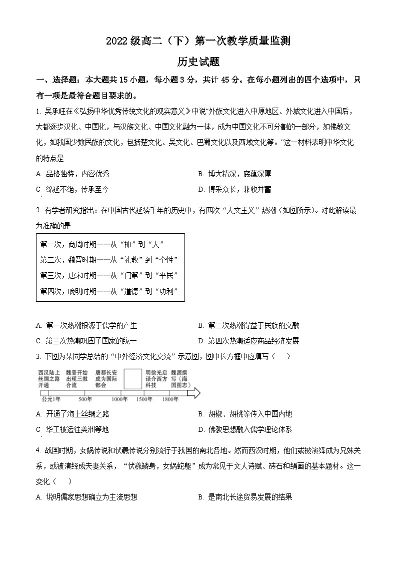 四川省眉山市仁寿县2023-2024学年高二下学期4月期中联考历史试题（Word版附解析）01