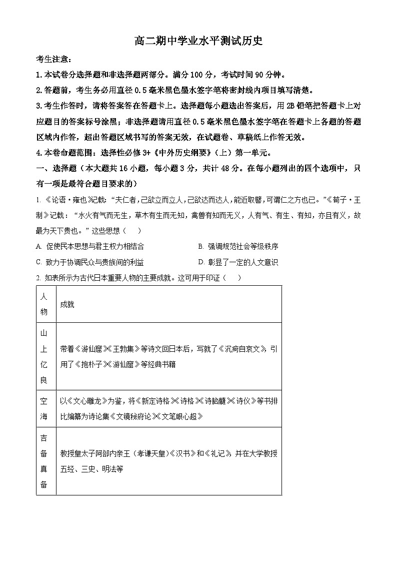 河南省郑州市多所中学2023-2024学年高二下学期期中考试历史试卷（原卷版+解析版）01