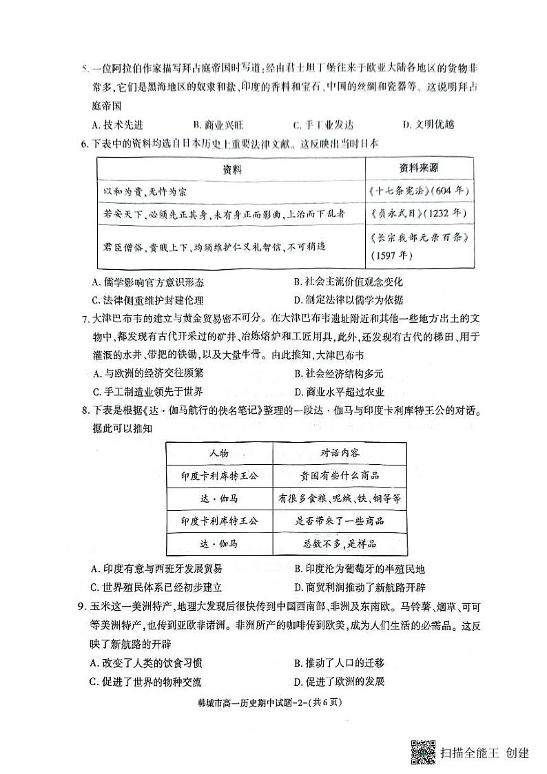 陕西省韩城市2023-2024年度第二学期高一历史期中考试试题02