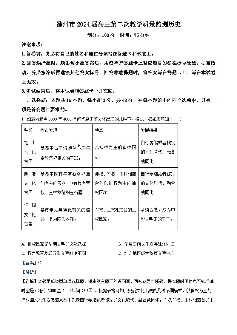 2024届安徽省滁州市高三下学期第二次教学质量监测历史试题（原卷版+解析版）01