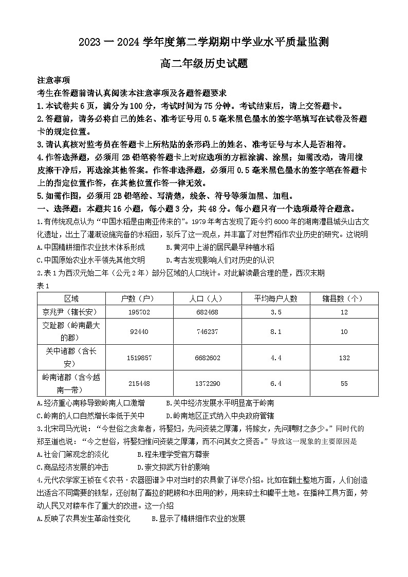 江苏省连云港市赣榆区2023-2024学年高二下学期期中考试历史试题(无答案)01