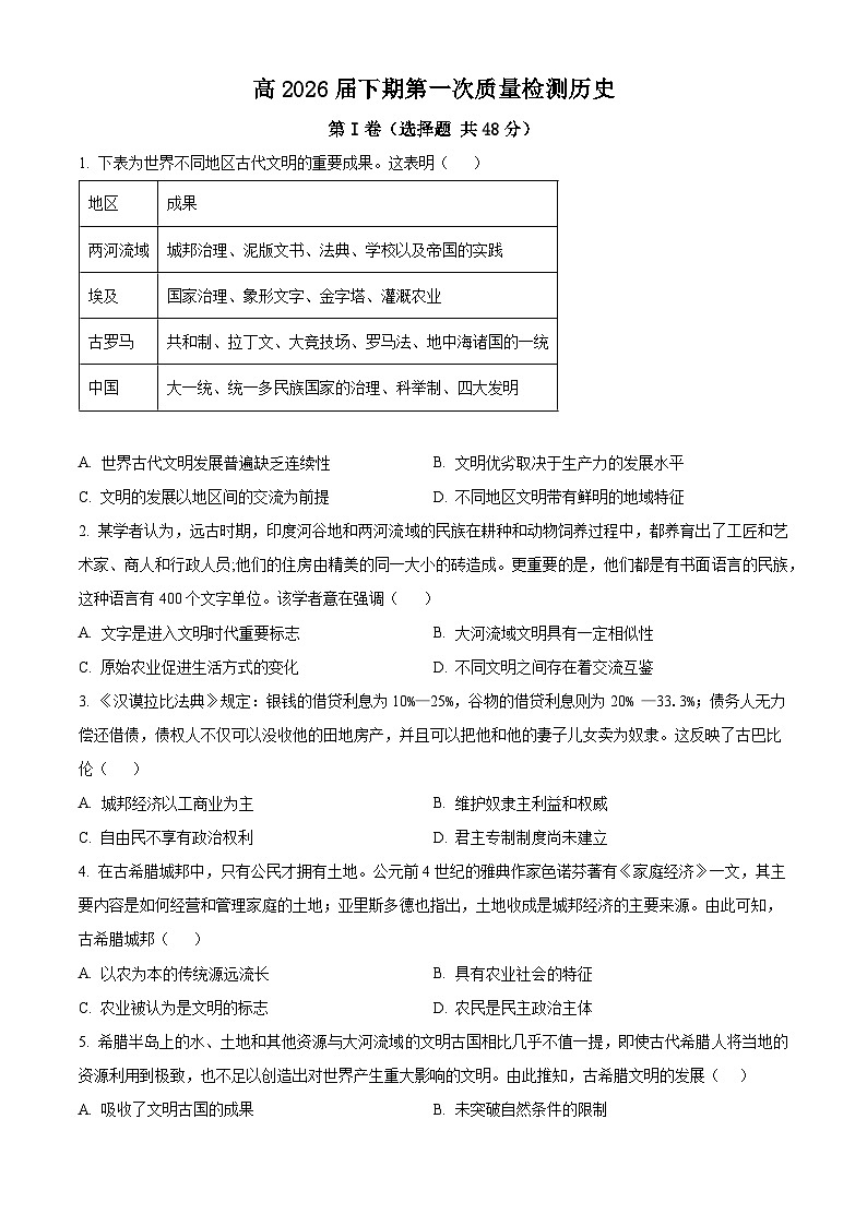 四川省眉山市仁寿县2023-2024学年高一下学期期中历史试题（Word版附解析）01