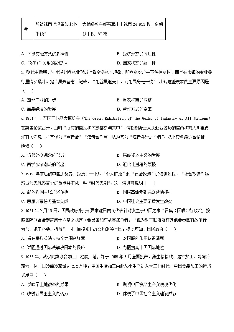 2024届湖北省黄石市第二中学高三三模考试历史试题（原卷版+解析版）02