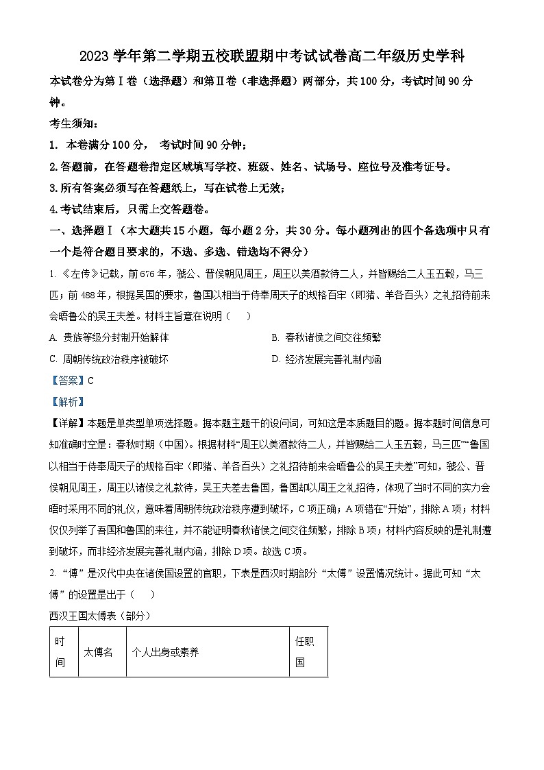 浙江省五校联盟2023-2024学年高二下学期期中考试历史试卷（原卷版+解析版）01