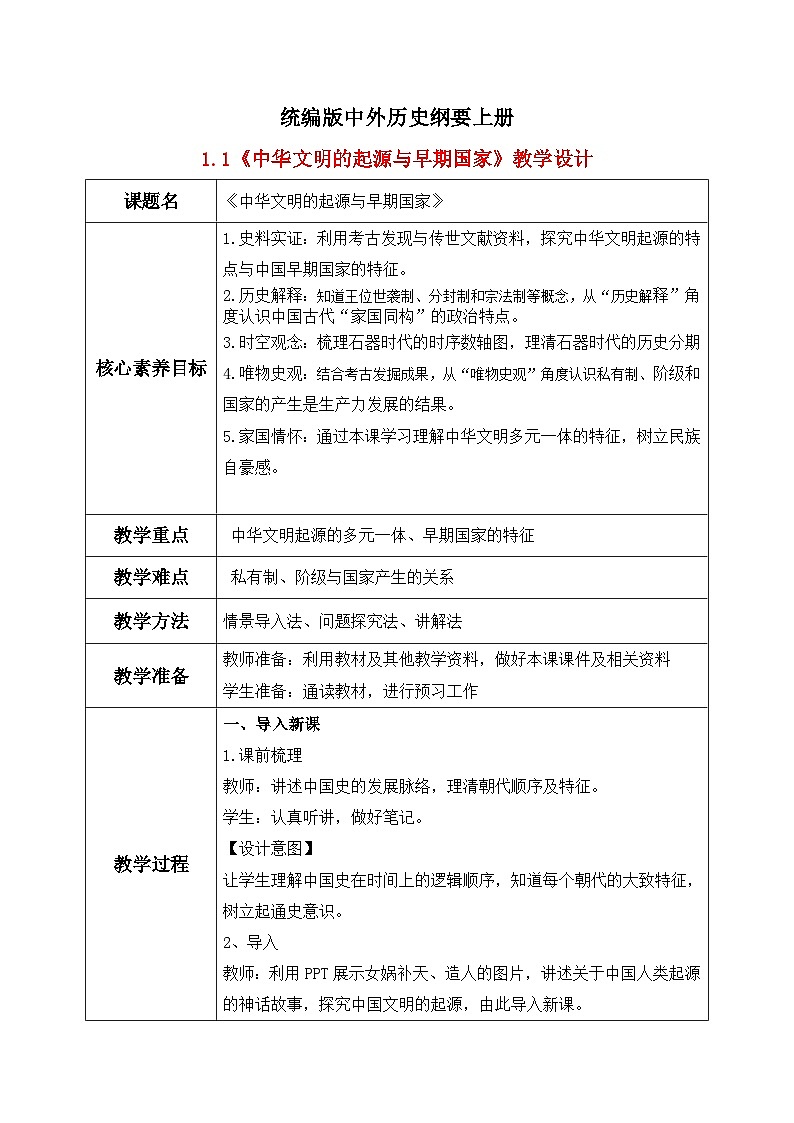 统编版高中历史必修中外历史纲要上册第1课《中华文明的起源与早期国家》课件+教案01