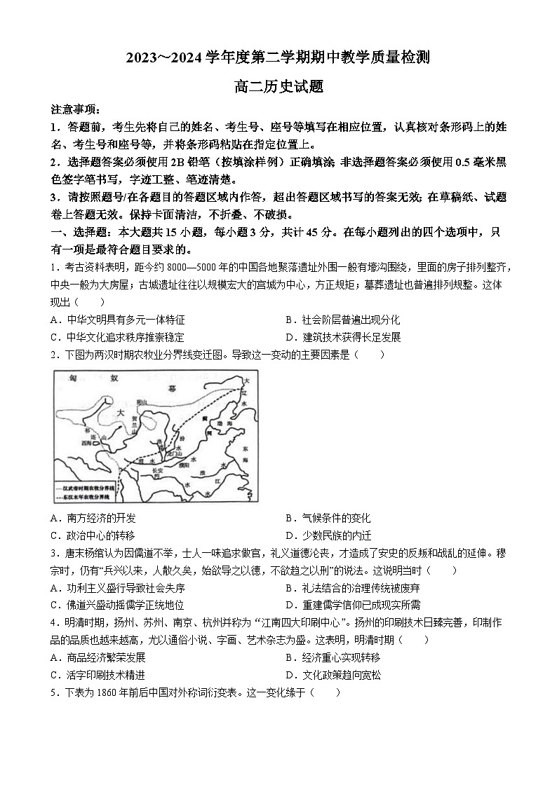 山东省济宁市曲阜市2023-2024学年高二下学期期中历史试题01
