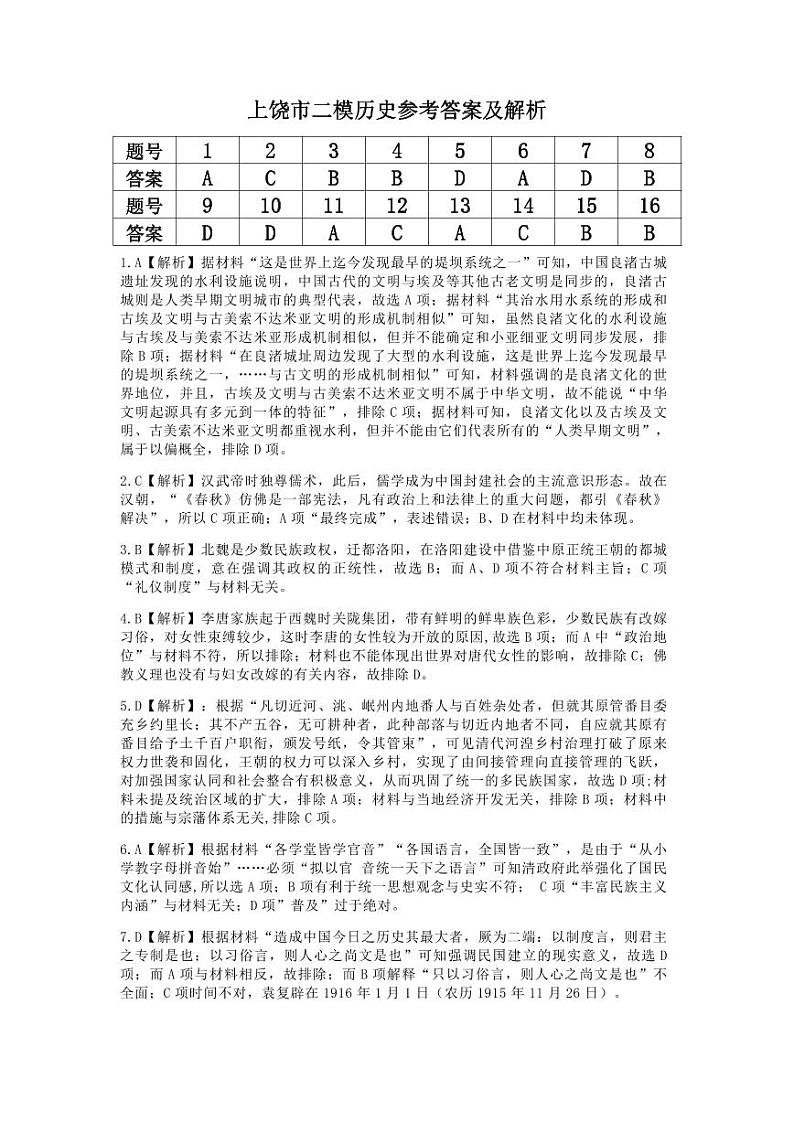 江西省上饶市2024届高三下学期第二次模拟考试历史试卷（Word版附解析）01