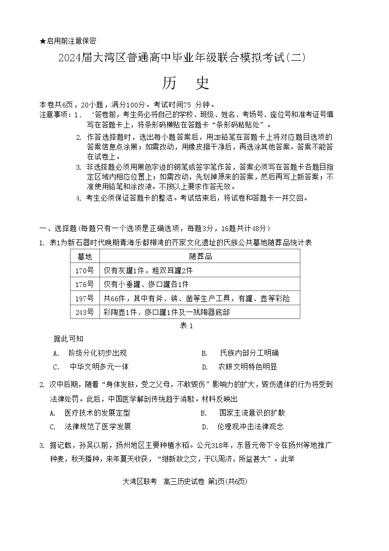 2024 届广东大湾区二模（珠海、中山、江门、阳江、韶关等）历史试题+答案(4.23)01