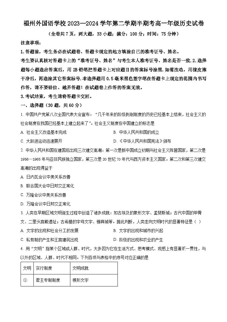 福建省福州外国语学校2023-2024学年高一下学期期中历史试题（原卷版）第1页