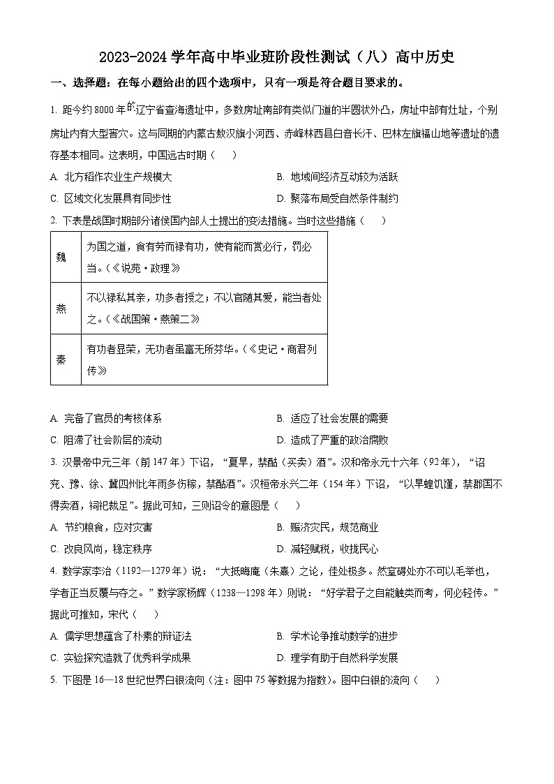 河南省2024届高三下学期毕业班阶段性测试（八）历史试题（天一大联考）（原卷版+解析版）01
