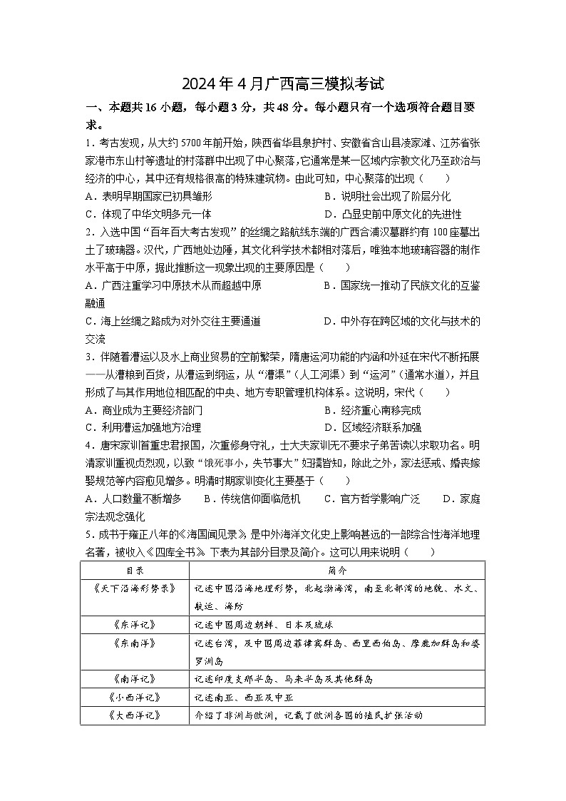 2024广西部分学校高三下学期4月模拟考试历史含答案01