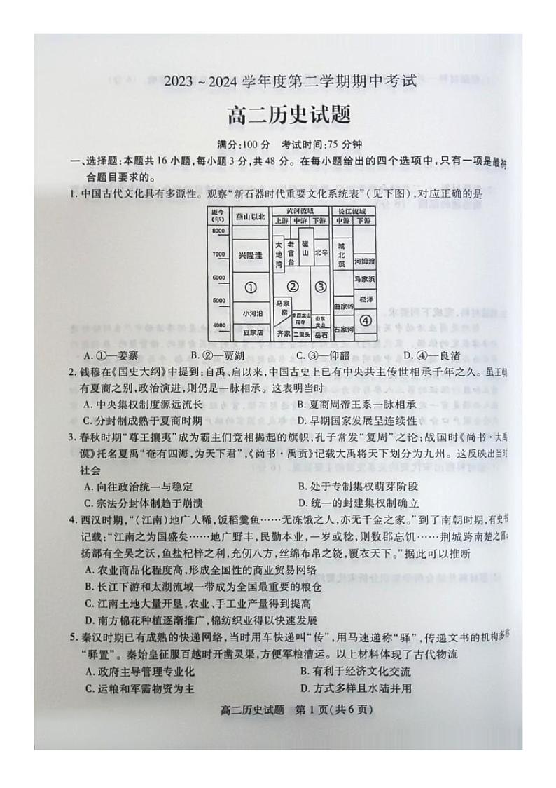 江苏省徐州市沛县2023-2024学年高二下学期期中考试历史试题01