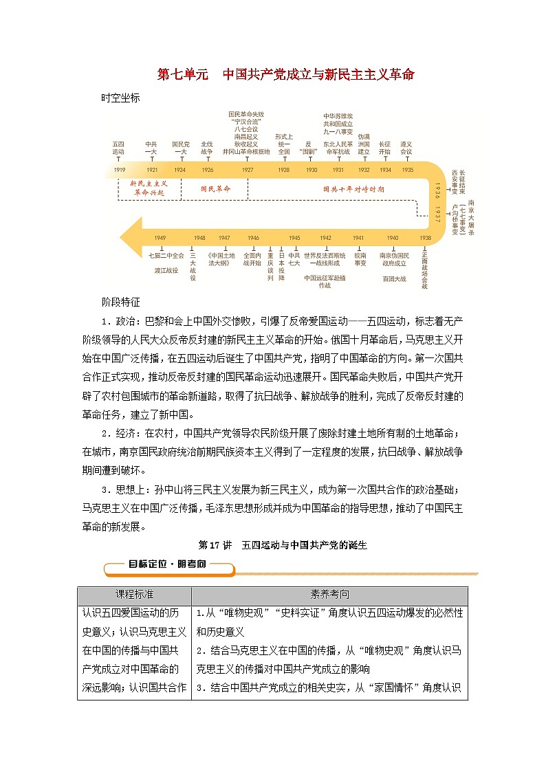 2025版高考历史一轮总复习教案中外历史纲要上第7单元中国共产党成立与新民主主义革命第17讲五四运动与中国共产党的诞生第1页