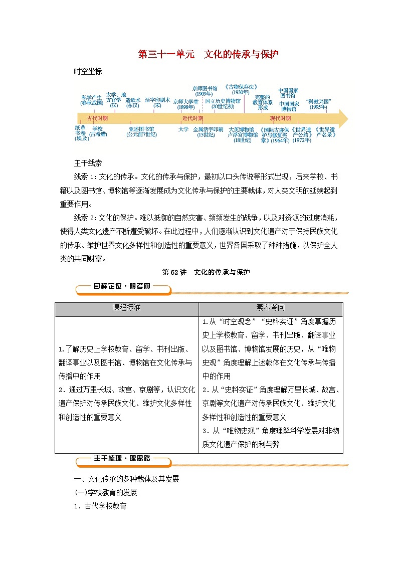 2025版高考历史一轮总复习教案选择性必修3第31单元文化的传承与保护第62讲文化的传承与保护01