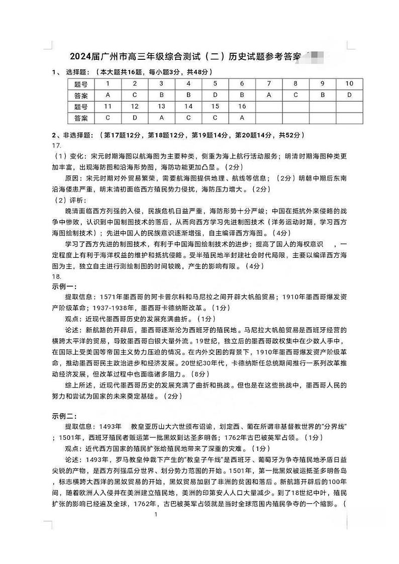 2024年广州高三二模历史试题答案01