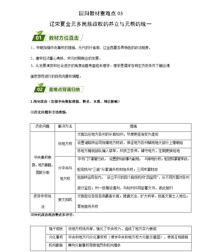 回归教材重难点03 辽宋夏金元多民族政权的并立与元朝的统一（含答案解析）-2024年高中高考历史三轮冲刺过关（新高考专用）docx01