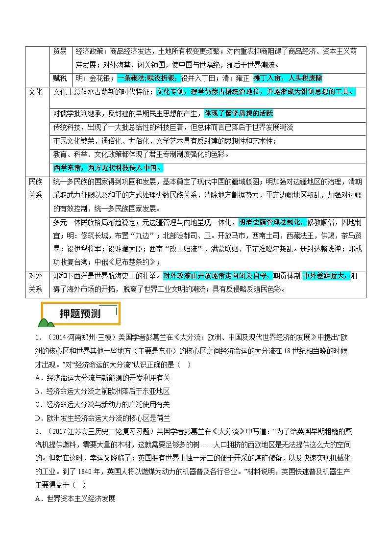 押广东卷第6题 明清时期：大分流（原卷版）第3页