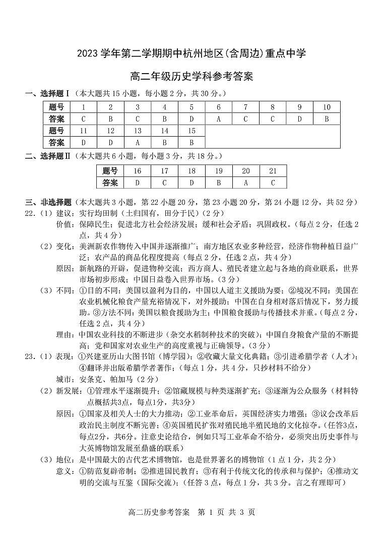 浙江省杭州市（含周边）重点中学2023-2024学年高二下学期4月期中考试历史试卷（Word版附答案）01