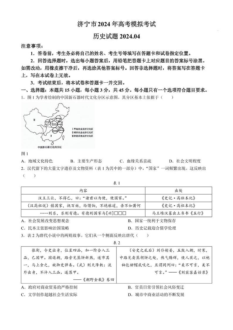 2024年山东省济宁市高考第二次模拟考试历史试题01