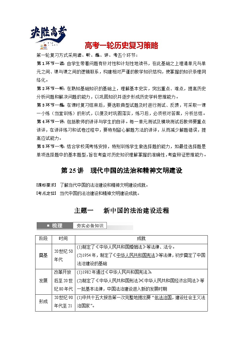 最新高考历史一轮复习（部编版） 板块3 第9单元 第25讲　现代中国的法治和精神文明建设（课件+讲义+练习）01
