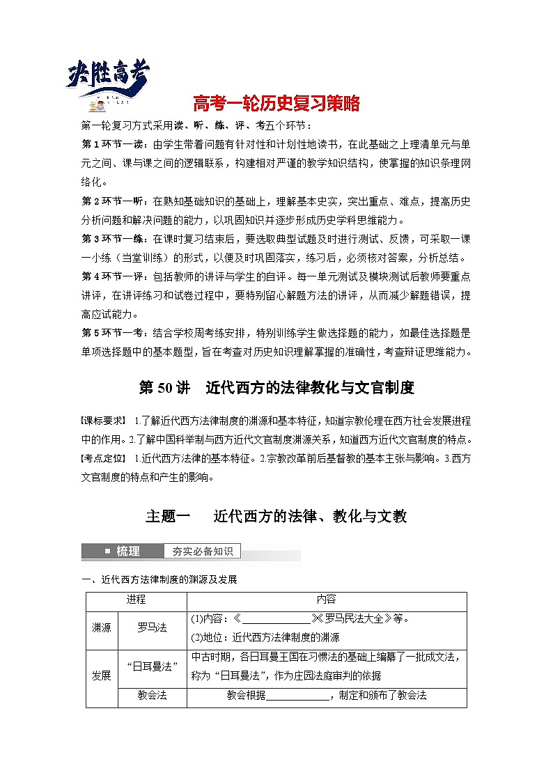 最新高考历史一轮复习（部编版） 板块7 第16单元 第50讲　近代西方的法律教化与文官制度（课件+讲义+练习）01
