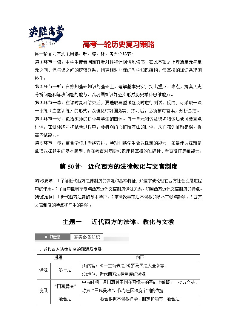 最新高考历史一轮复习（部编版） 板块7 第16单元 第50讲　近代西方的法律教化与文官制度（课件+讲义+练习）01