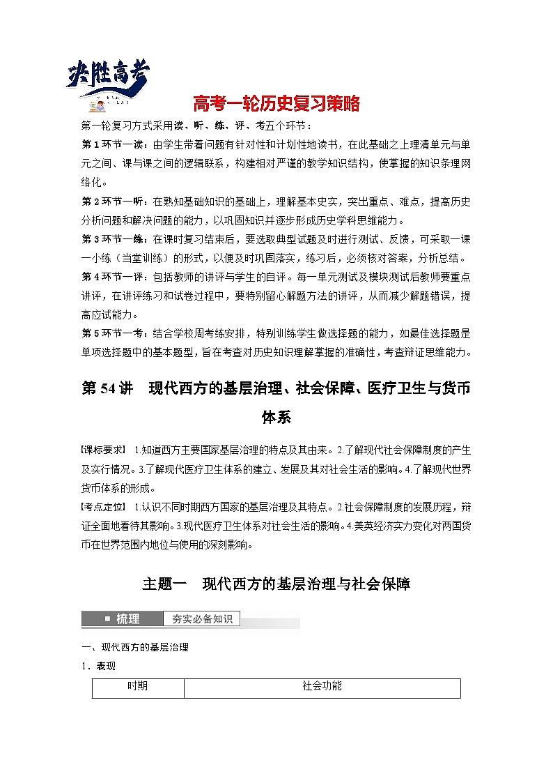 最新高考历史一轮复习（部编版） 板块7 第17单元 第54讲　现代西方的基层治理、社会保障、医疗卫生与货币体系（课件+讲义+练习）01