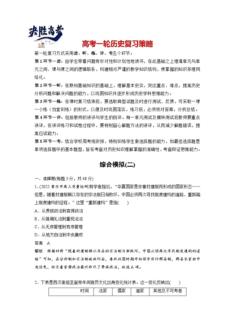 2024年高考历史一轮复习（部编版） 综合模拟(二)（教师版）第1页