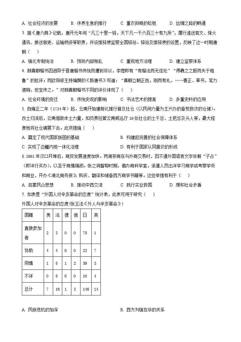 2024届湖北省武汉市高三下学期四月调研考试历史试卷（原卷版+解析版）02