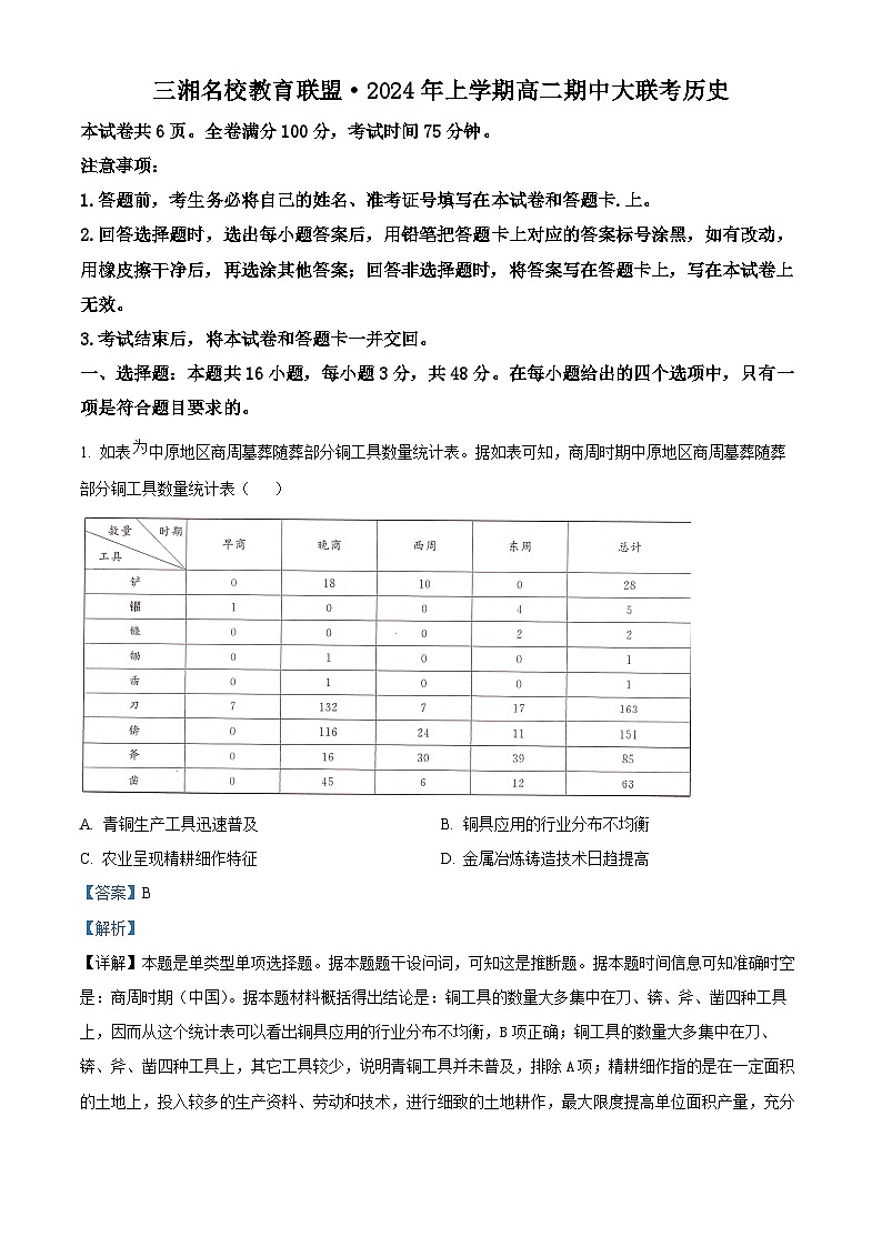 湖南省三湘名校教育联盟2023-2024学年高二下学期期中大联考历史试题（原卷版+解析版）01