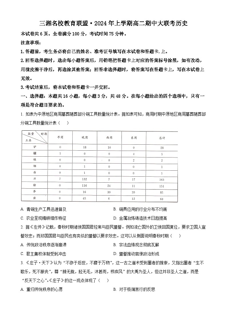 湖南省三湘名校教育联盟2023-2024学年高二下学期期中大联考历史试题（原卷版+解析版）01
