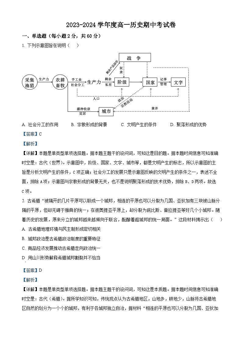 广东省湛江市雷州市第二中学2023-2024学年高一下学期期中历史试题（原卷版+解析版）01