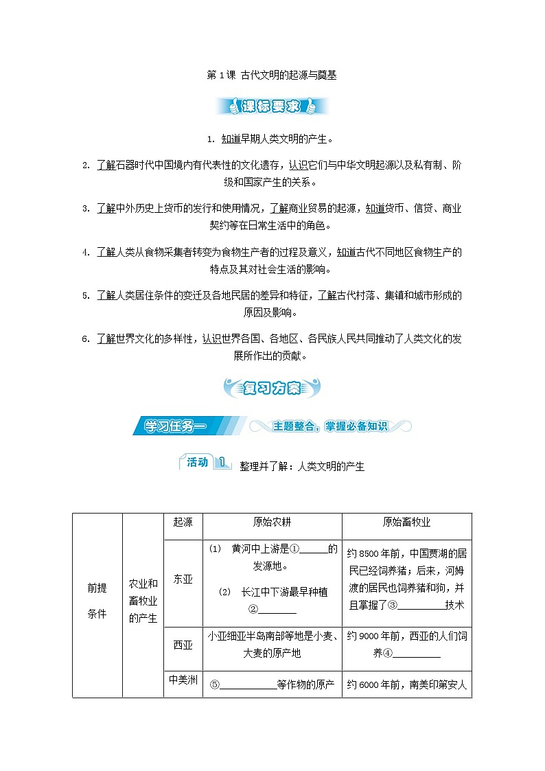 第1课 古代文明的起源与奠基 导学案（含答案）--2024届高三历史统编版二轮复习第1页