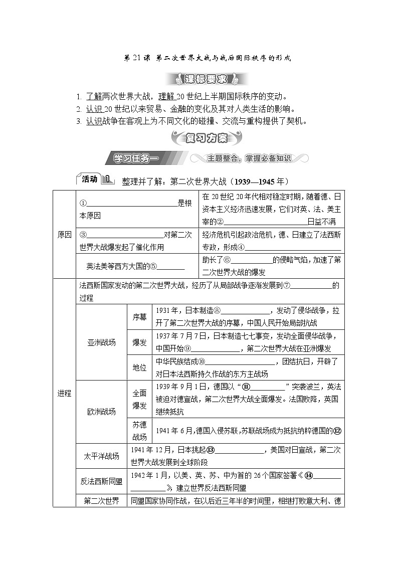 第21课 第二次世界大战与战后国际秩序的形成 导学案（含答案）---2024届高三历史统编版必修中外历史纲要下册二轮复习第1页