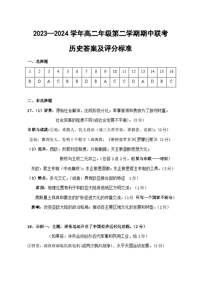 江苏省淮安市金湖中学，清江中学，涟水郑梁梅高级中学等2023-2024学年高二下学期期中考试历史试题01