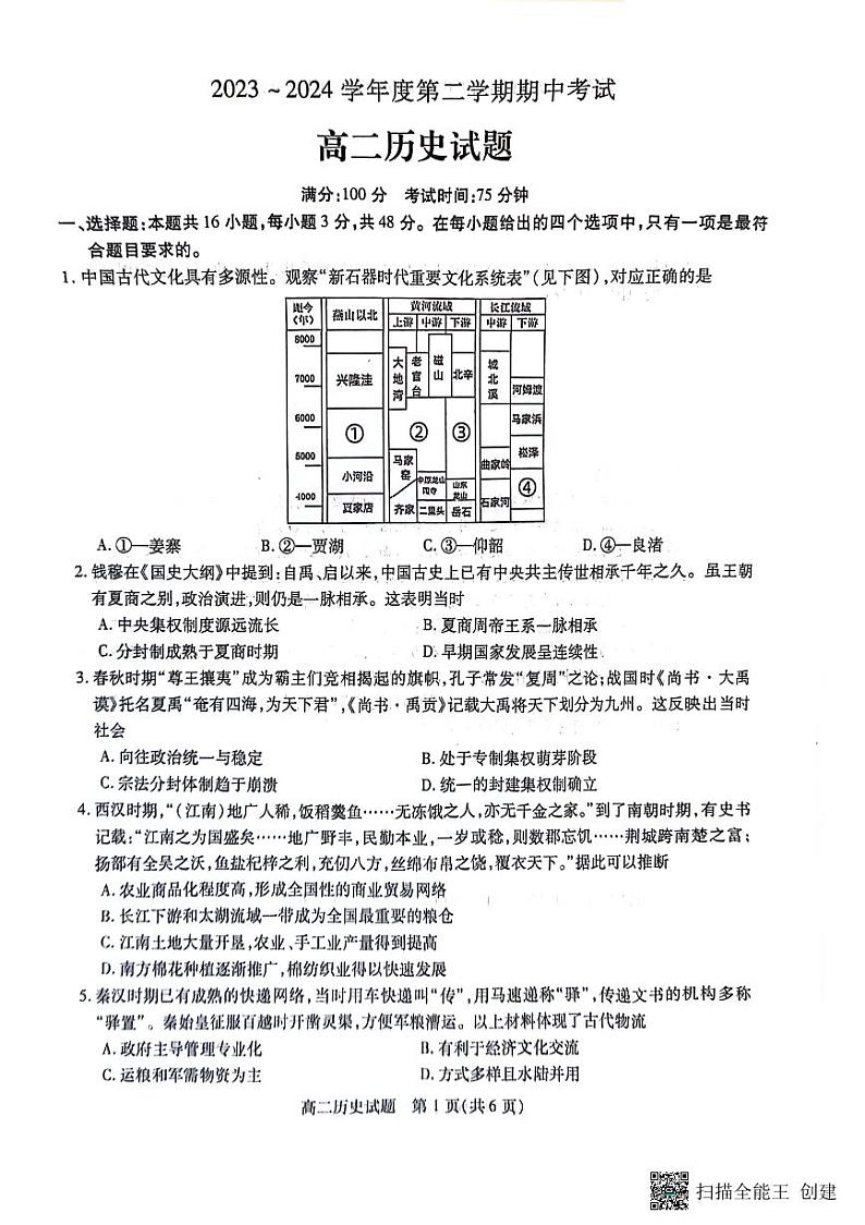 2023-2024学年度高二年级第二学期期中考试历史试题第1页