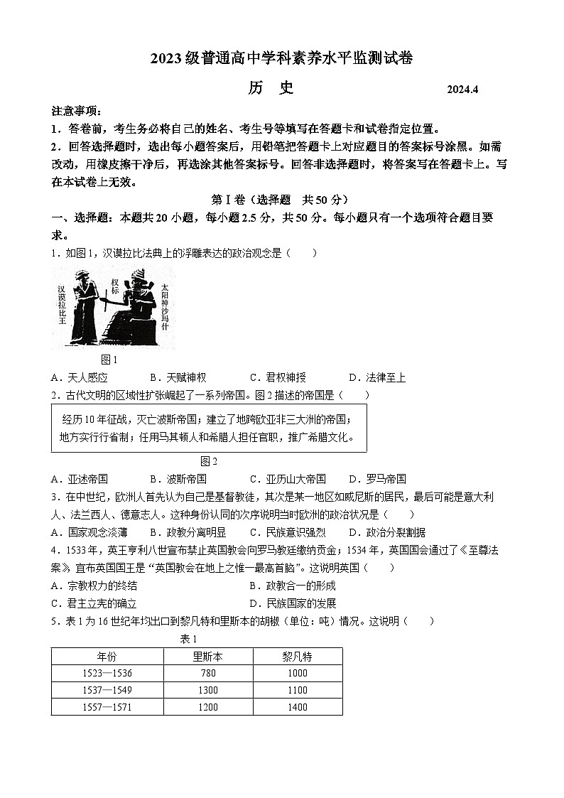 山东省临沂市河东区2023-2024学年高一下学期期中考试历史试题(无答案)01