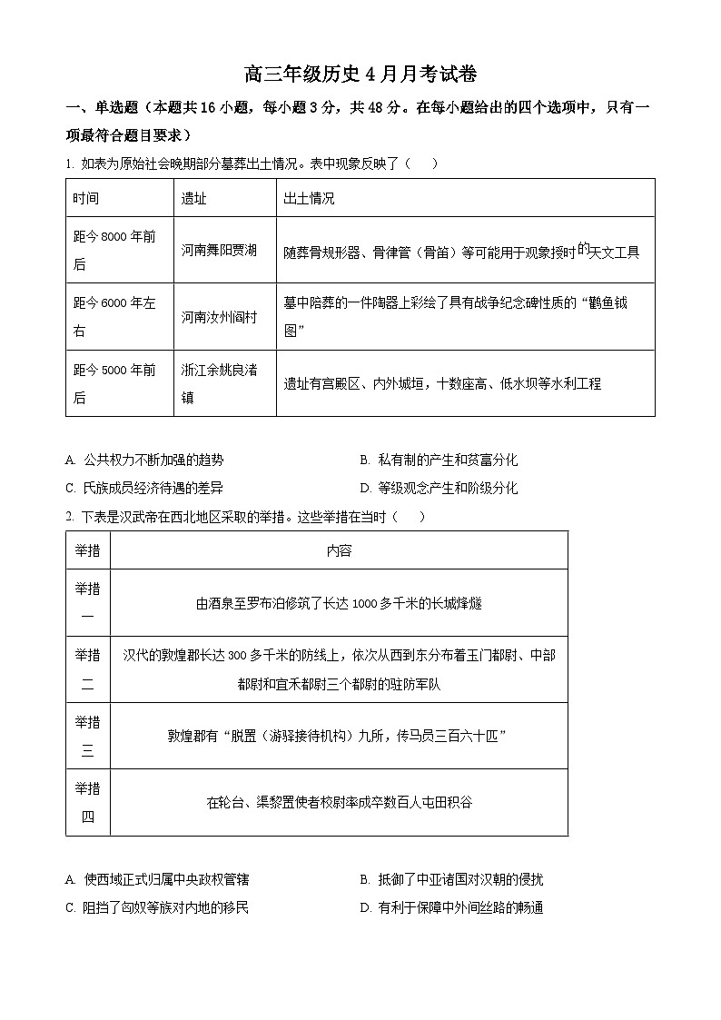 广西壮族自治区桂林市2024届高三4月月考历史试题 含解析01