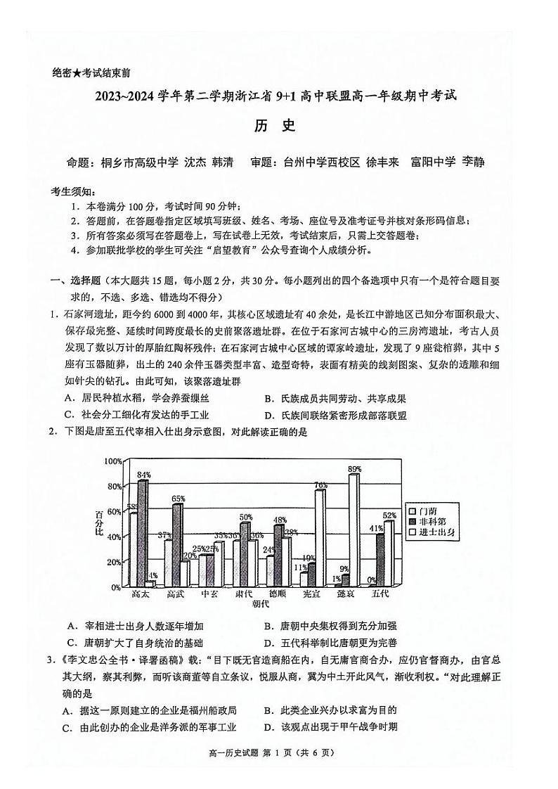 浙江省91高中联盟2023-2024学年高一下学期4月期中考试历史试卷（PDF版附答案）第1页