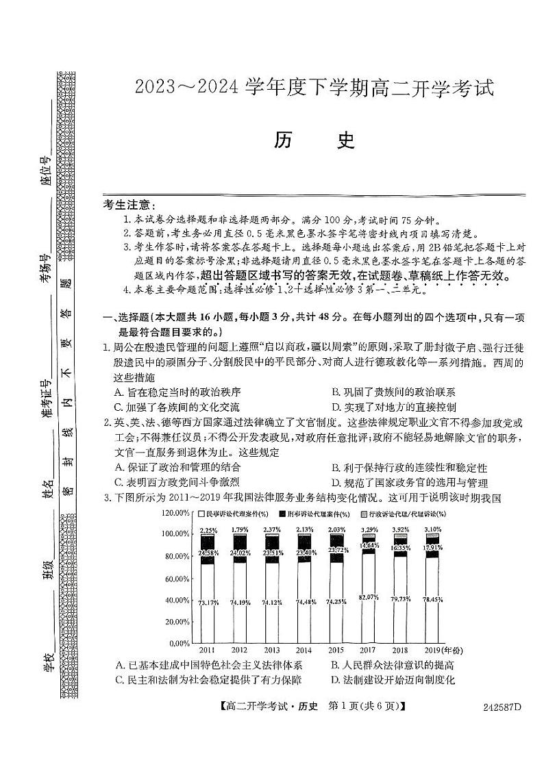 黑龙江省绥棱县第一中学2023-2024学年高二下学期开学考试历史试题第1页