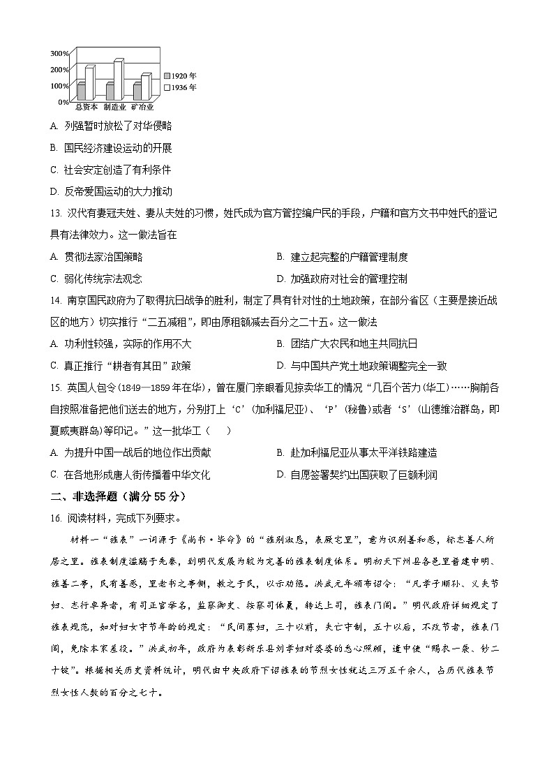 2024重庆市乌江新高考协作体高三下学期模拟监测（一）历史含解析03