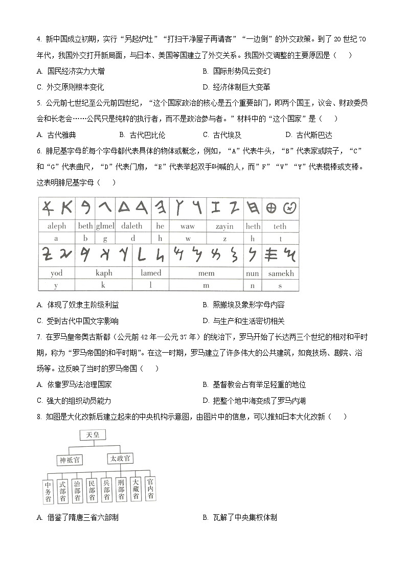 广西壮族自治区示范性高中2023-2024学年高一下学期期中联合调研测试历史试题 （原卷版）第2页