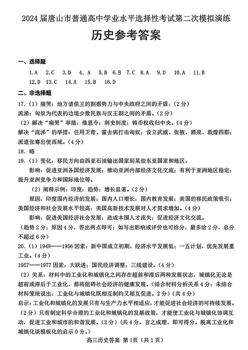 2024届河北省唐山市高三下学期二模考试历史01