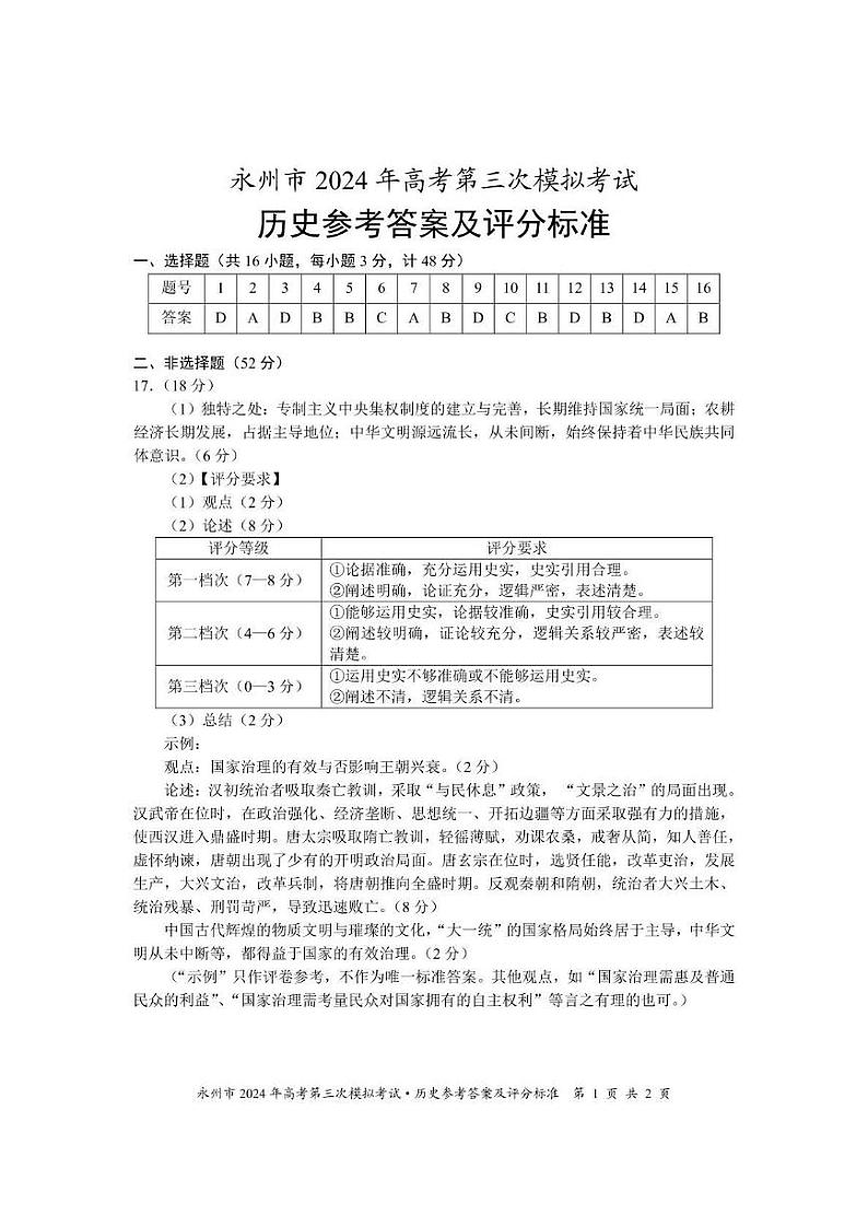 湖南省永州市2024年(届)高三年级高考第三次模拟考试历史01