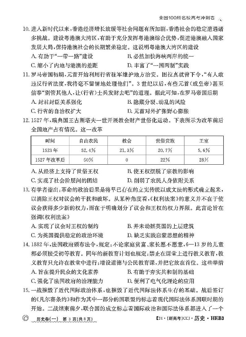 2024届河北省普通高中学业水平选择性考试冲刺（一）历史试题03