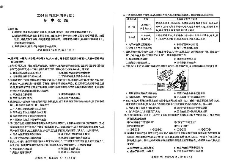 黑龙江2024届高三冲刺卷（四）历史试卷第1页