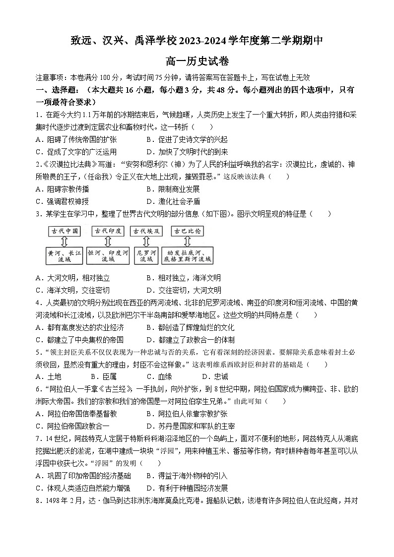 安徽省蚌埠市皖北私立联考（致远、禹泽、汉兴）2023-2024学年高一下学期期中考试历史试题01