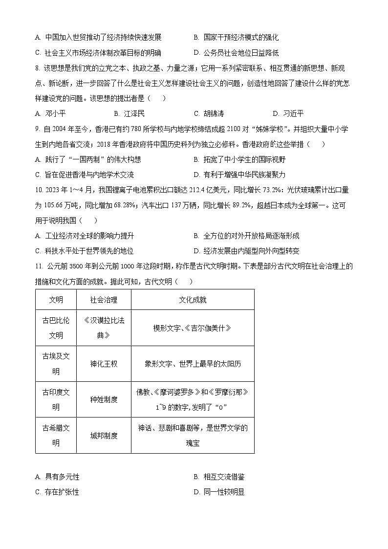 广东省深圳名校联考2023-2024学年高一下学期期中历史试题（原卷版+解析版）03
